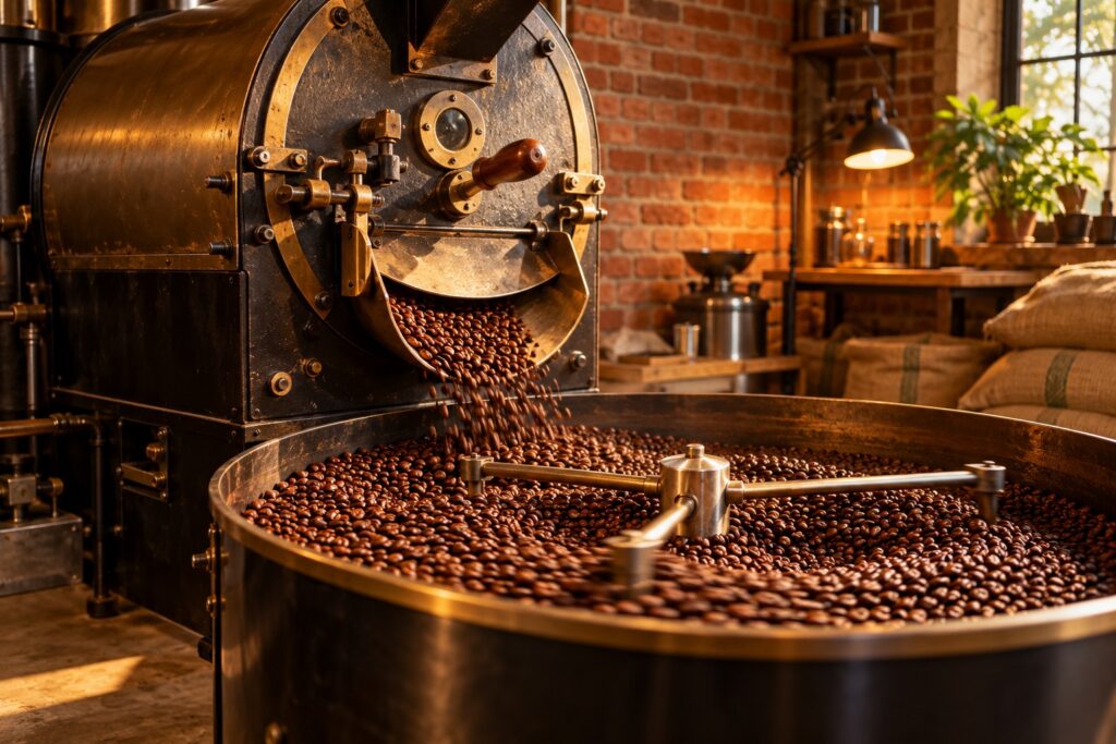 Coffee roaster with freshly roasted beans in the cooling tray