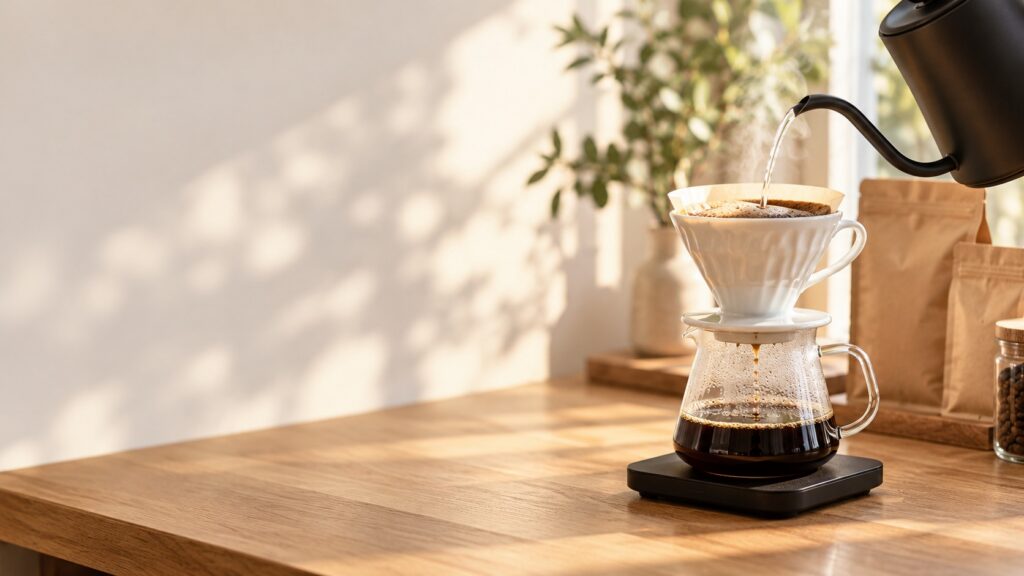 Pour-over coffee brewing on a wooden counter