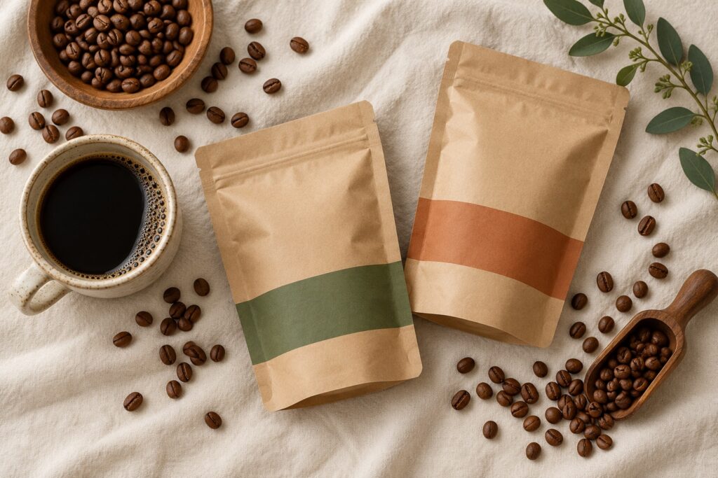 Coffee beans, a stoneware mug and coffee bags on linen